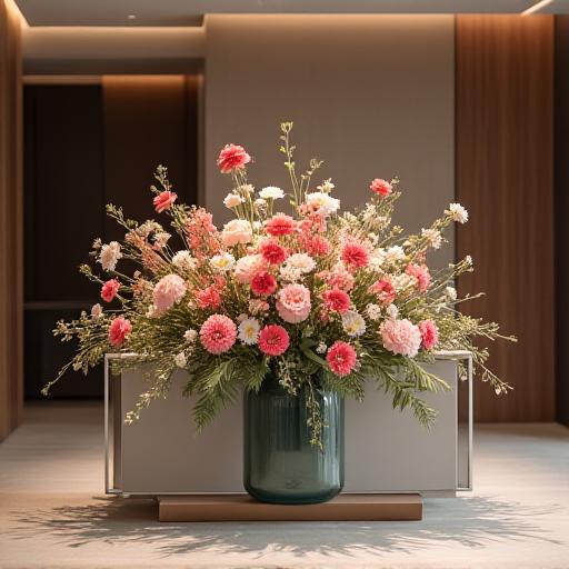 An elegant floral arrangement on a modern corporate reception desk.
